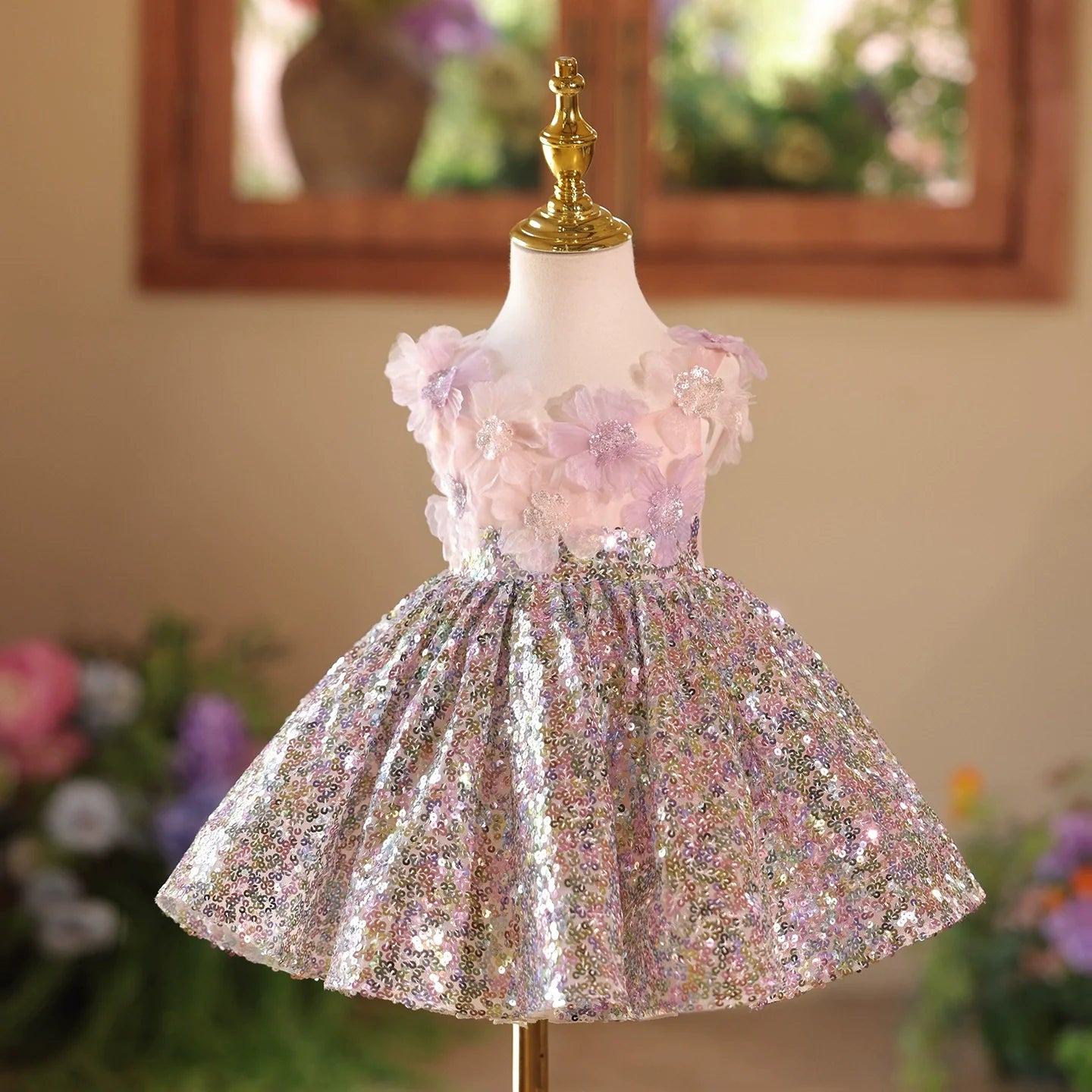 Vestido Infantil de Festa Flores e Lantejoulas