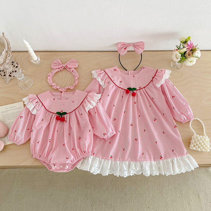 Body/ Vestido Infantil Rosa Cerejinhas