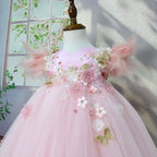 Vestido de Festa Flores Manga Plumas