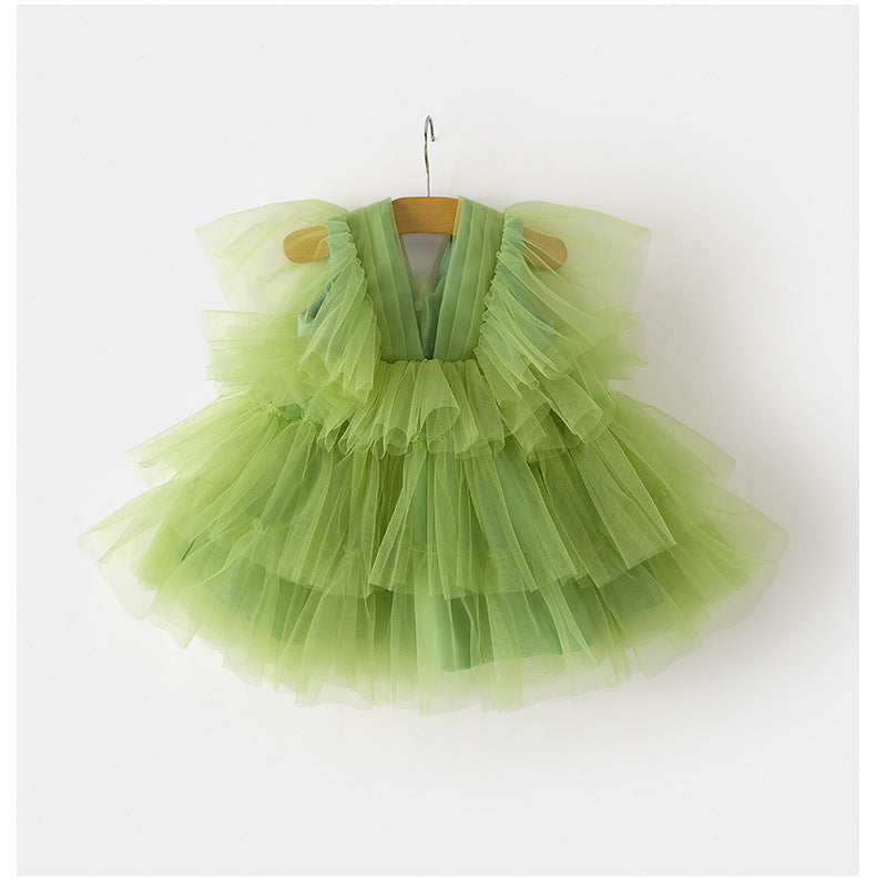 Vestido Infantil Verde Camadas de Tule