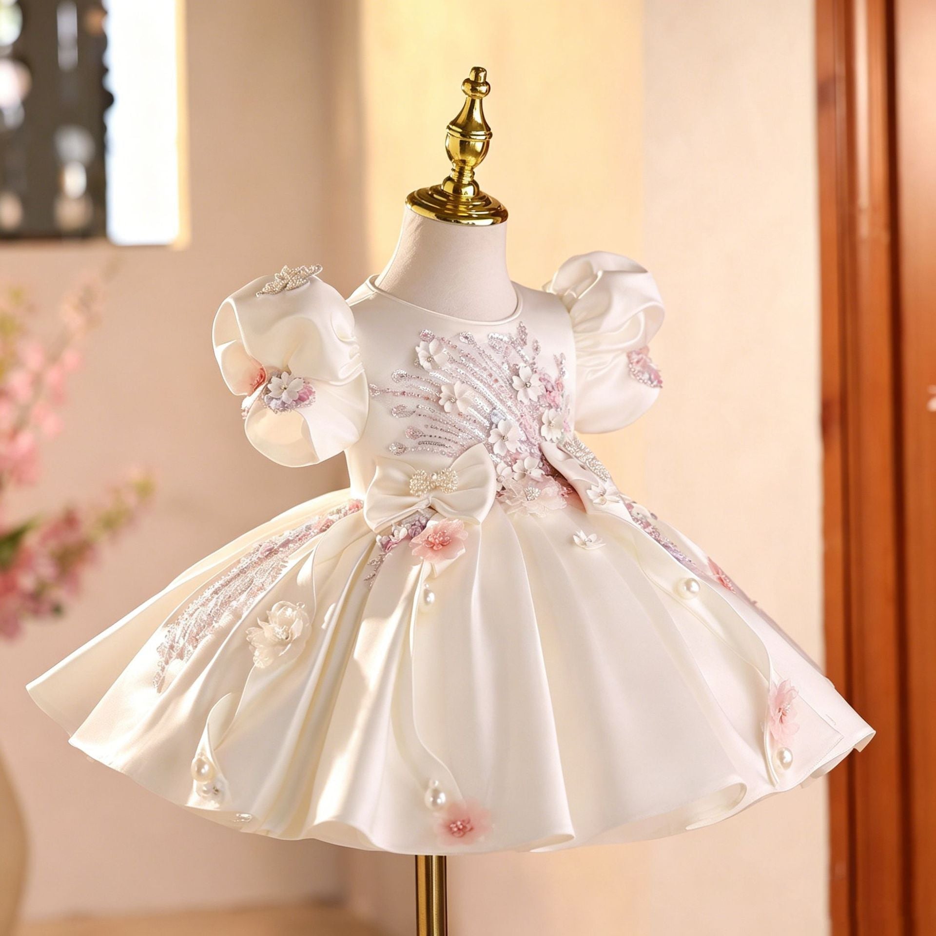 Vestido Infantil Branco Flores Brilhantes