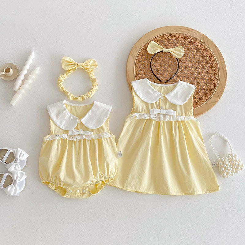 Body/ Vestido Infantil Amarelo Lacinho