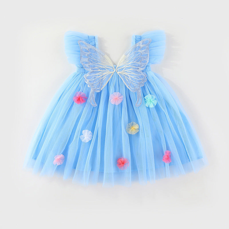 Vestido Infantil de Tule com Asas e Flores
