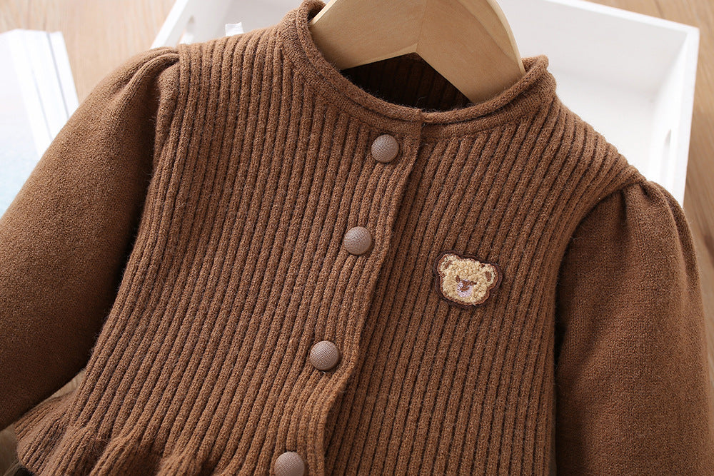 Vestido + Cardigan Infantil Tricô Ursinho