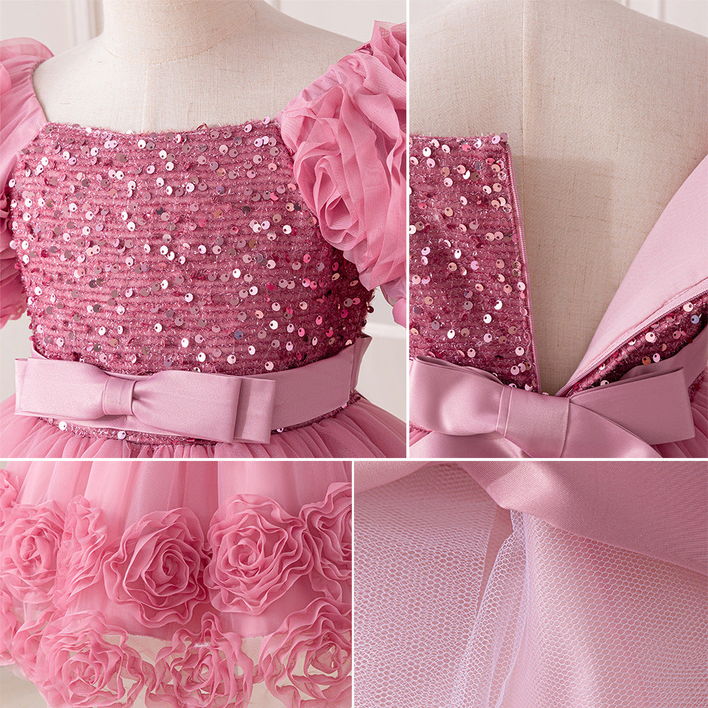Vestido Infantil de Festa Flores e Lantejoulas