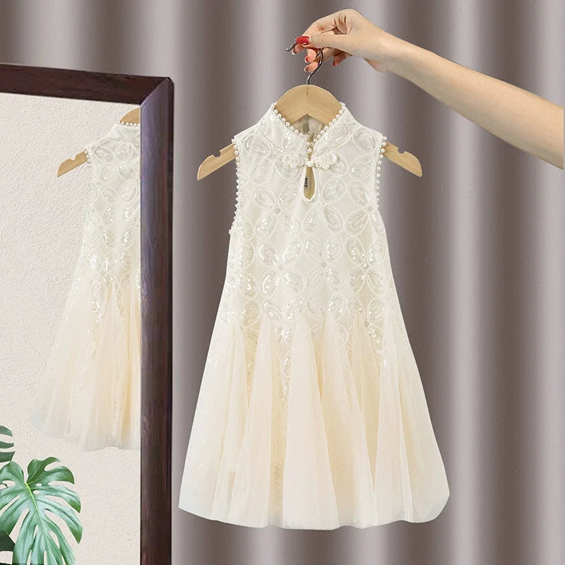 Vestido De Festa Infantil com Pérolas Floral
