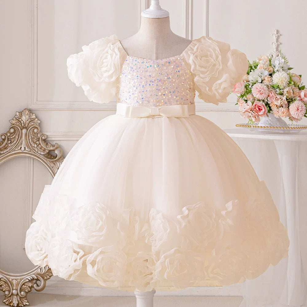 Vestido Infantil de Festa Flores e Lantejoulas