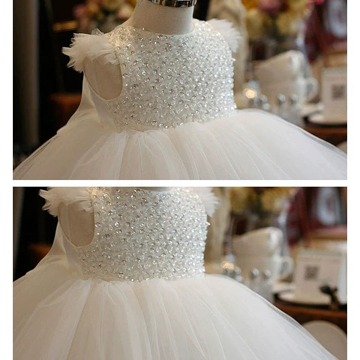 Vestido De Festa Infantil Branco Tule e Brilhantes