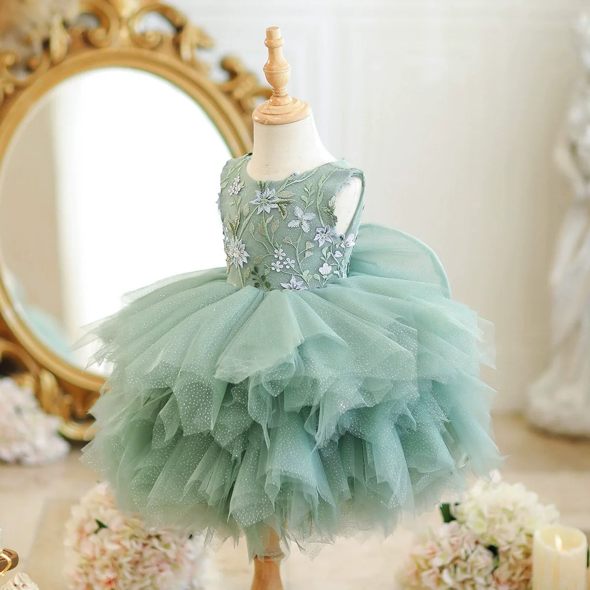 Vestido Infantil Verde Flores e Tule
