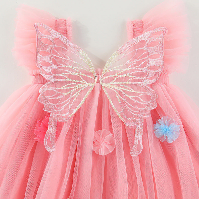 Vestido Infantil de Tule com Asas e Flores
