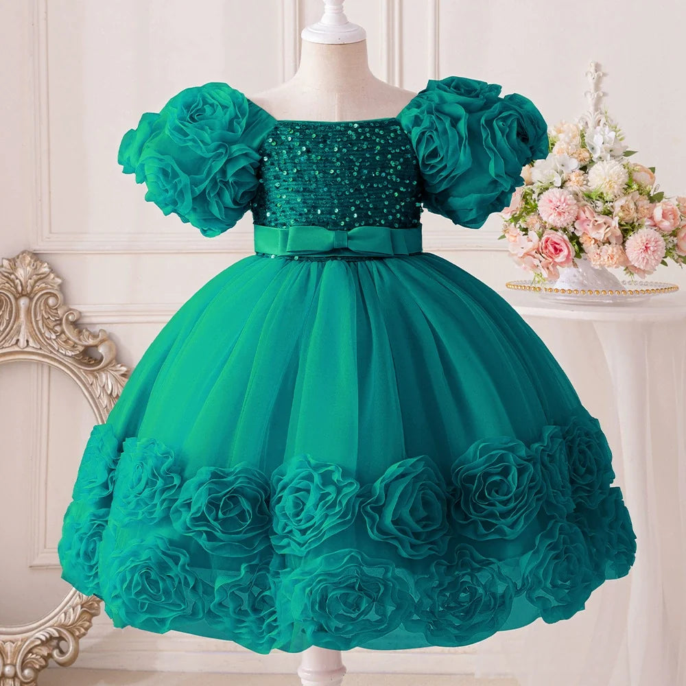 Vestido Infantil de Festa Flores e Lantejoulas
