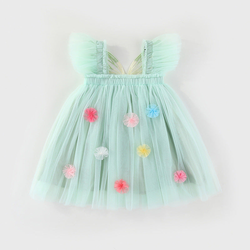 Vestido Infantil de Tule com Asas e Flores