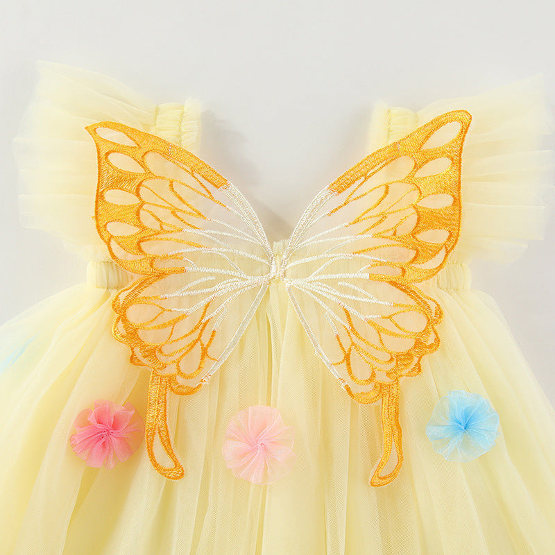 Vestido Infantil de Tule com Asas e Flores