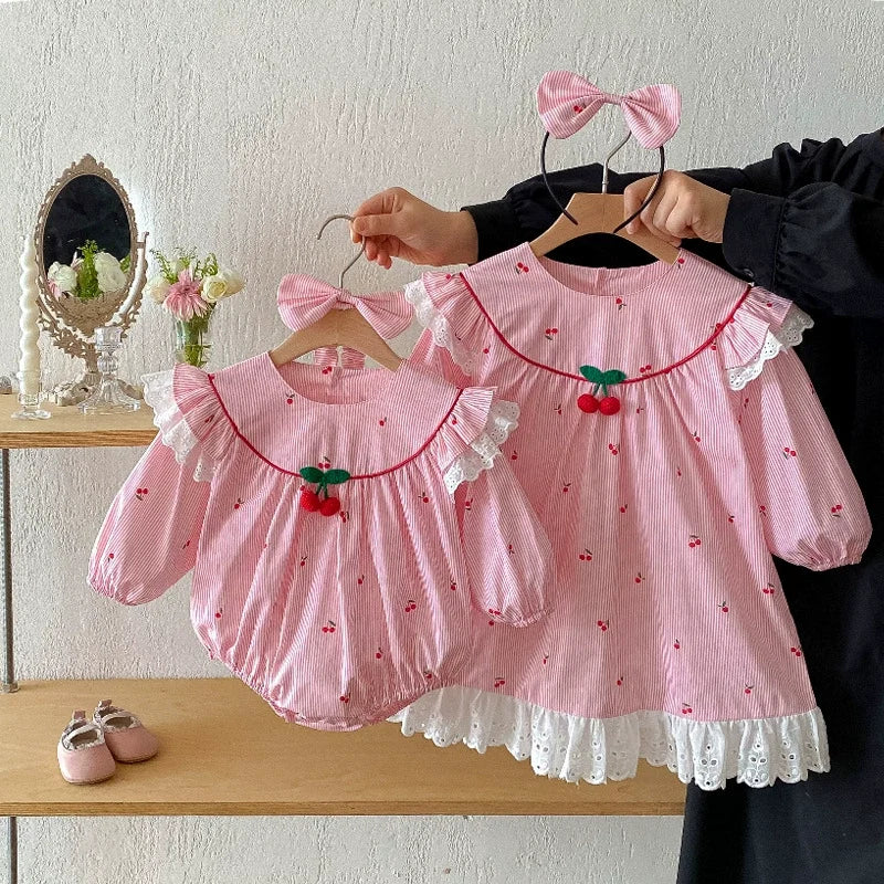 Body/ Vestido Infantil Rosa Cerejinhas