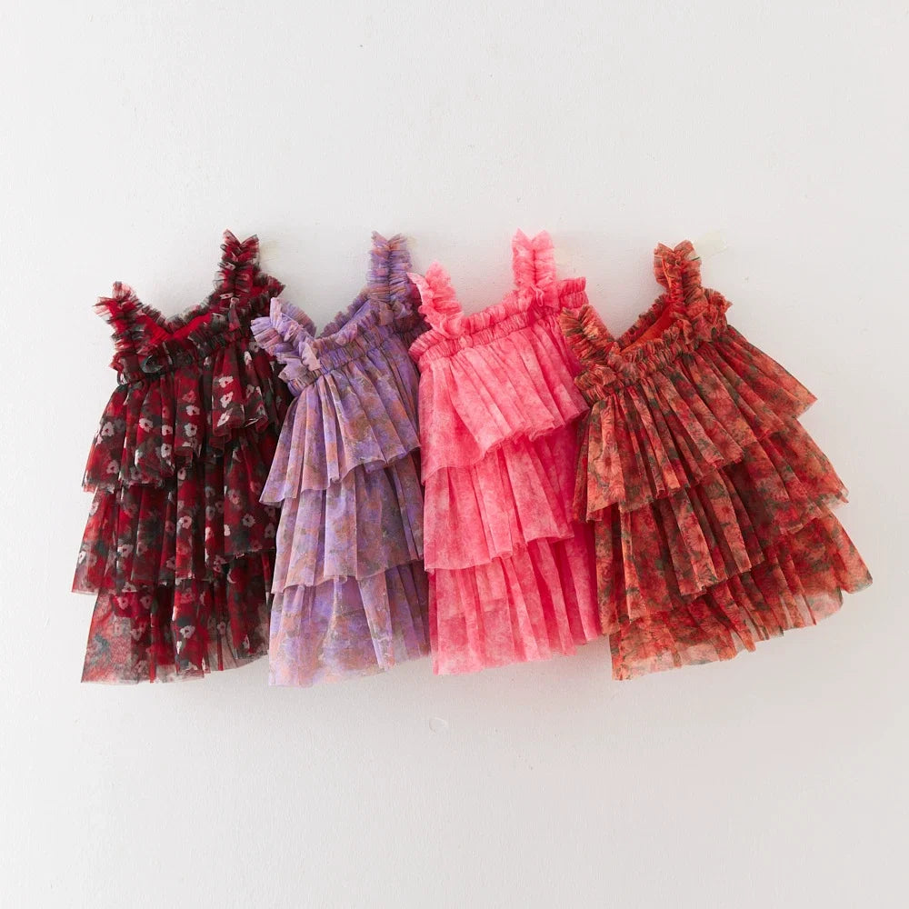 Vestido Infantil Tule Camadas com Flores