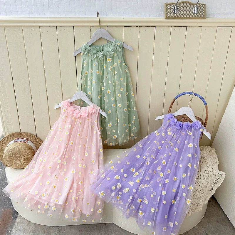 Vestido Infantil Tule Margaridas