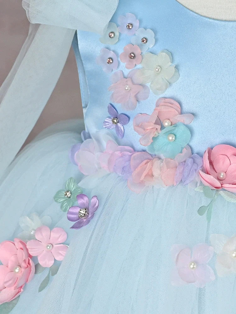 Vestido Infantil de Festa Azul Flores