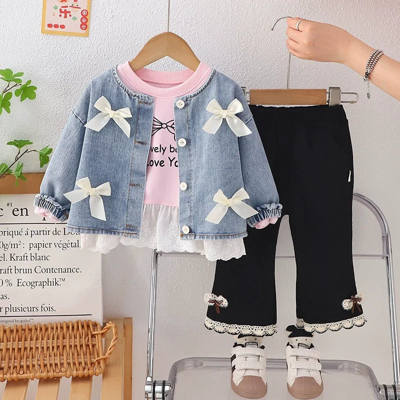 Conjunto Infantil 3 Peças Jeans Lacinhos