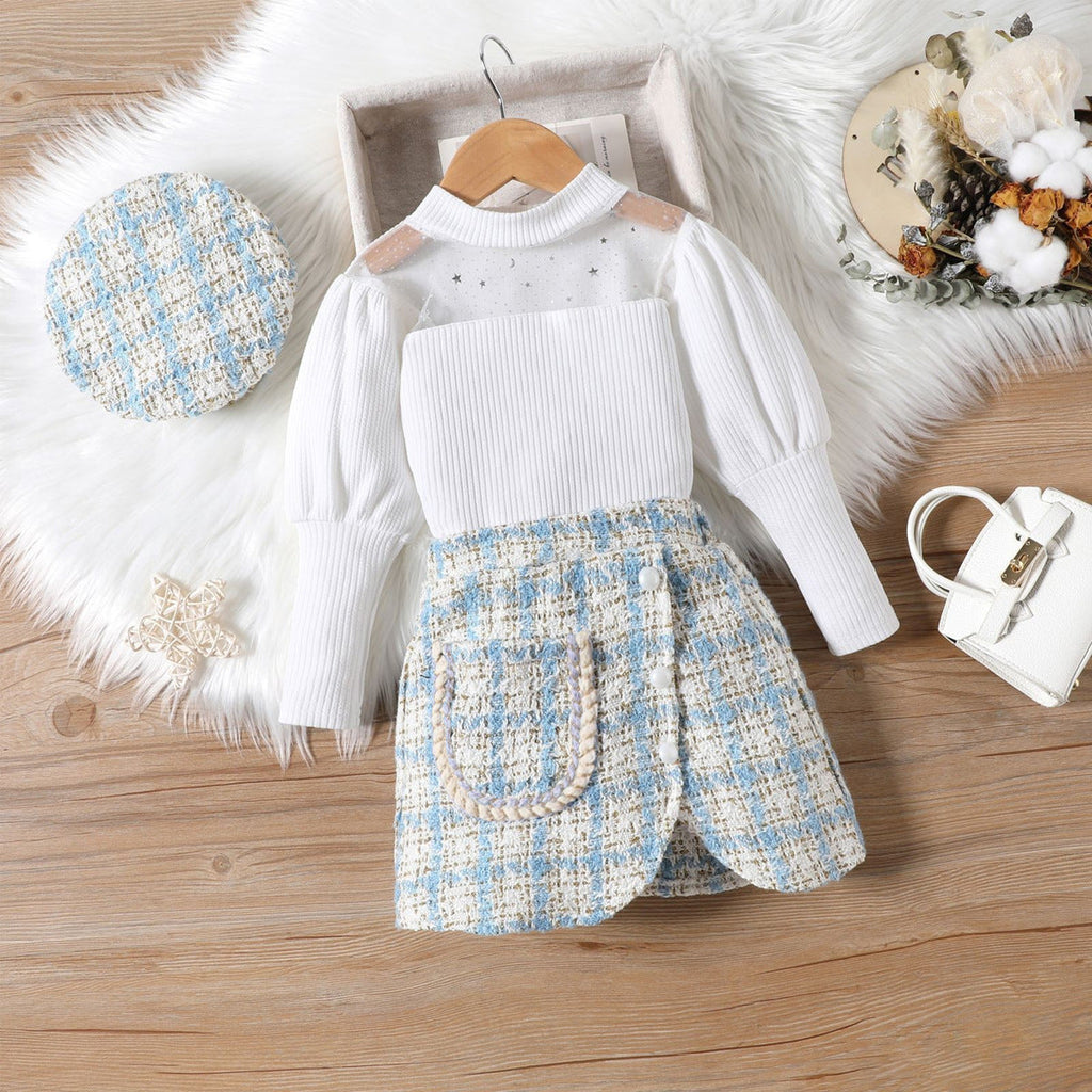 Conjunto Infantil Feminino Branco e Xadrez