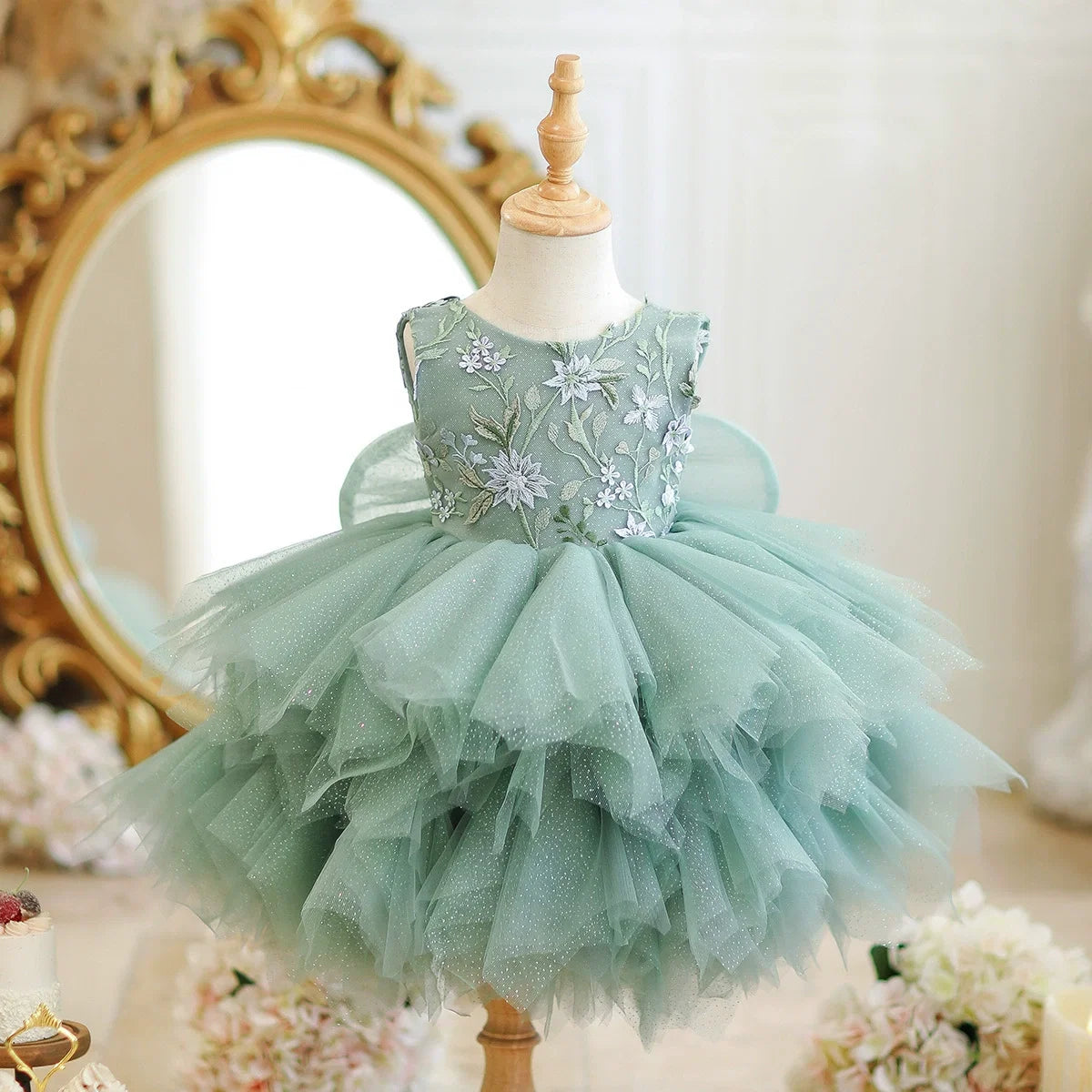 Vestido Infantil Verde Flores e Tule