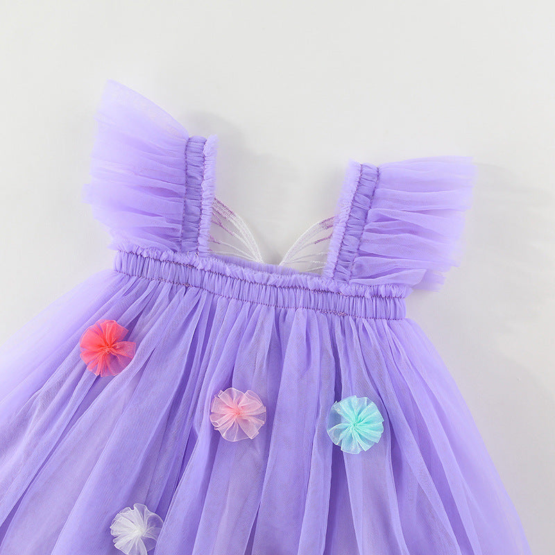 Vestido Infantil de Tule com Asas e Flores