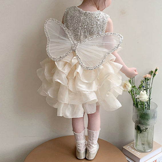 Vestido Infantil Brilhante com Asinha de Borboleta