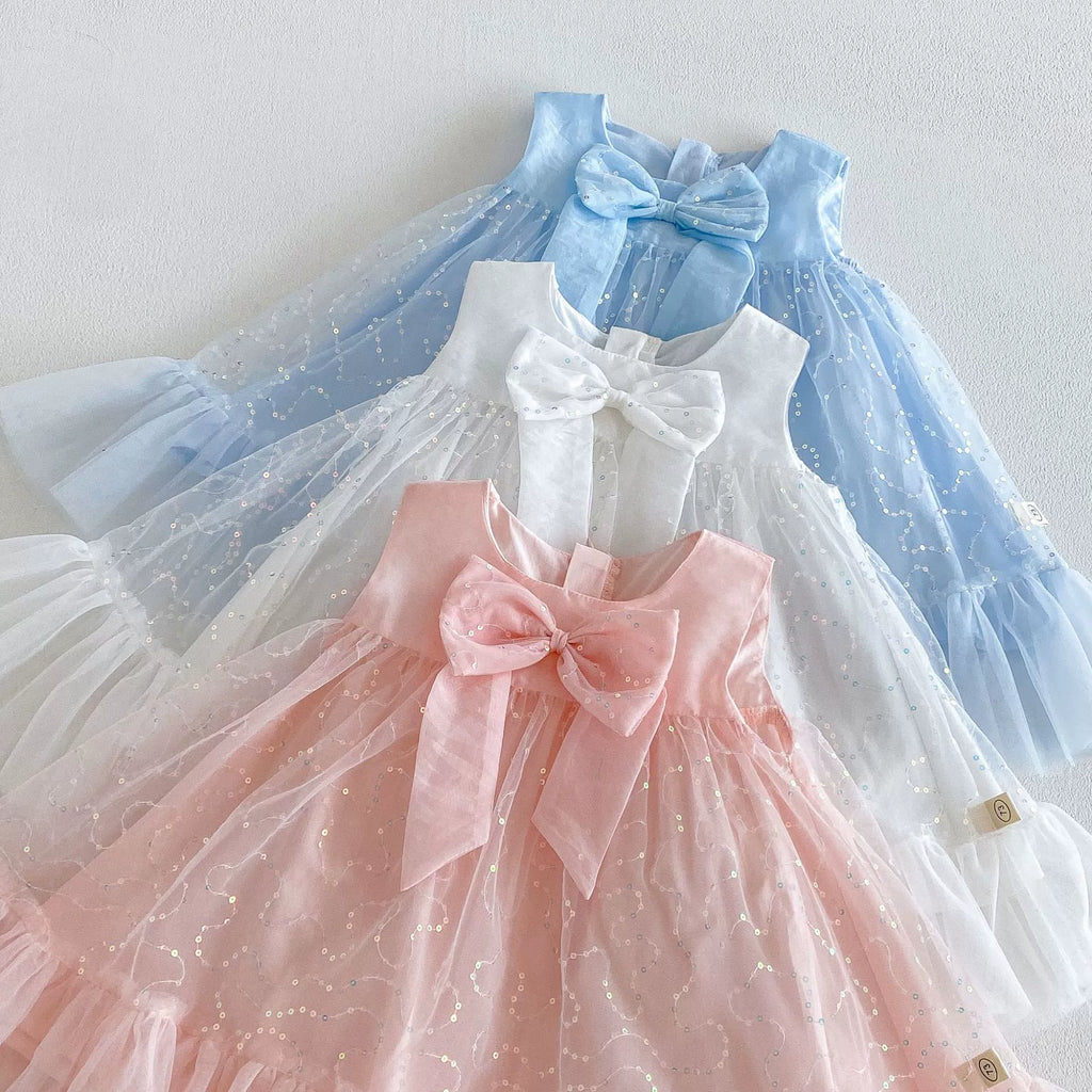 Vestido Infantil Tule Brilhante Lacinho