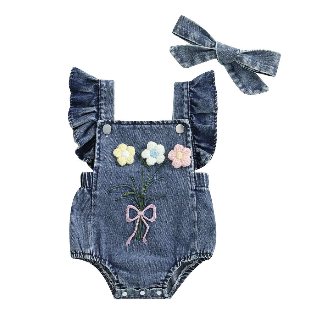 Body Jardineira Infantil Jeans Florzinhas