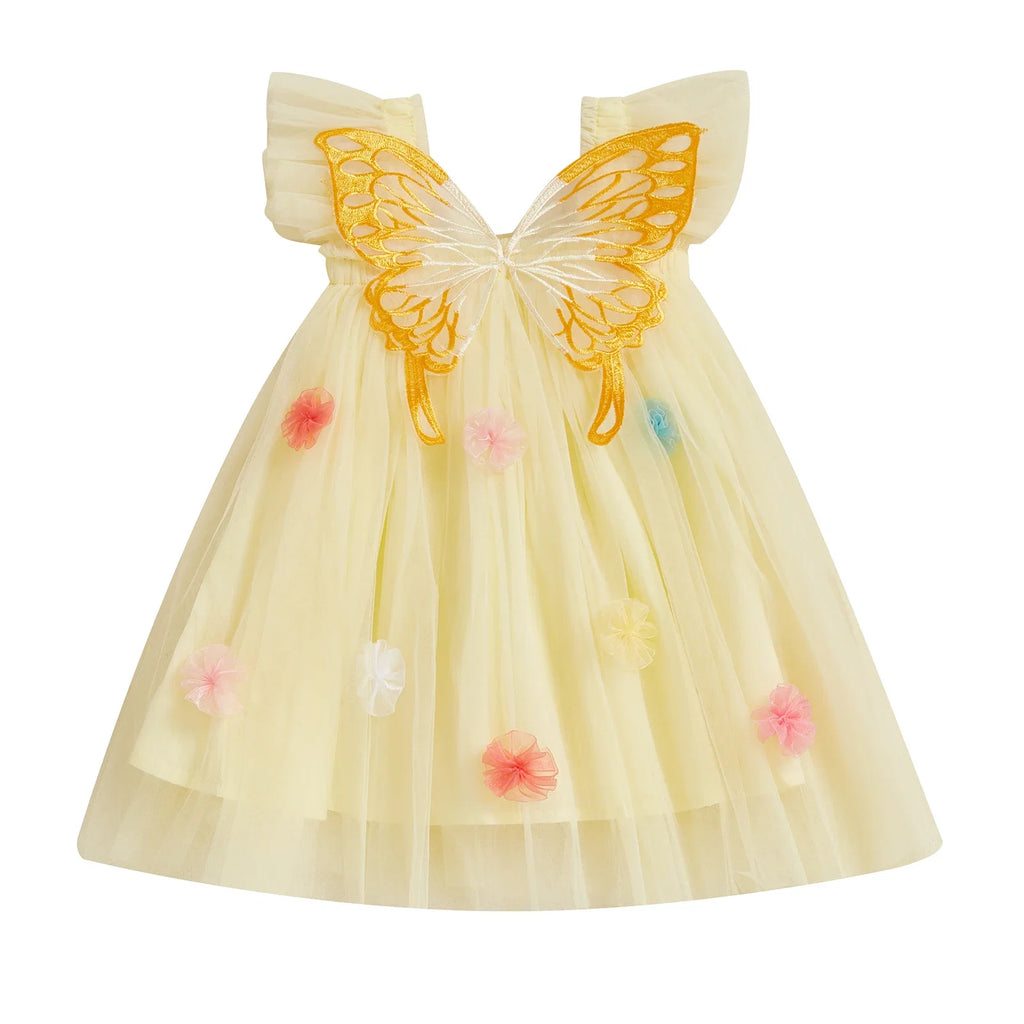 Vestido Infantil De Tule com Asas e Florzinhas