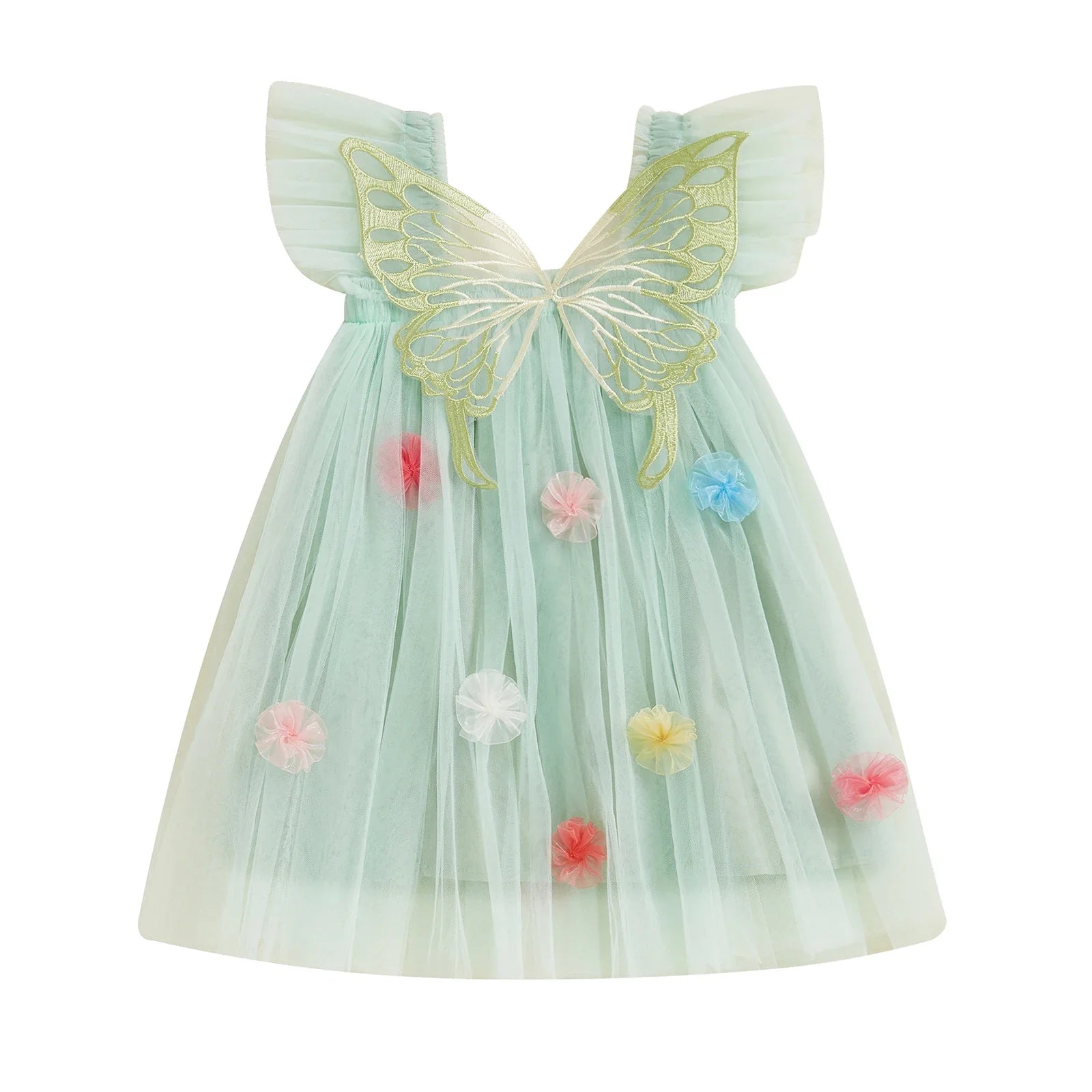 Vestido Infantil De Tule com Asas e Florzinhas