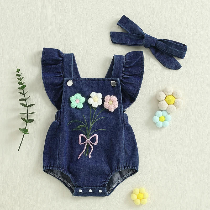 Body Jardineira Infantil Jeans Florzinhas