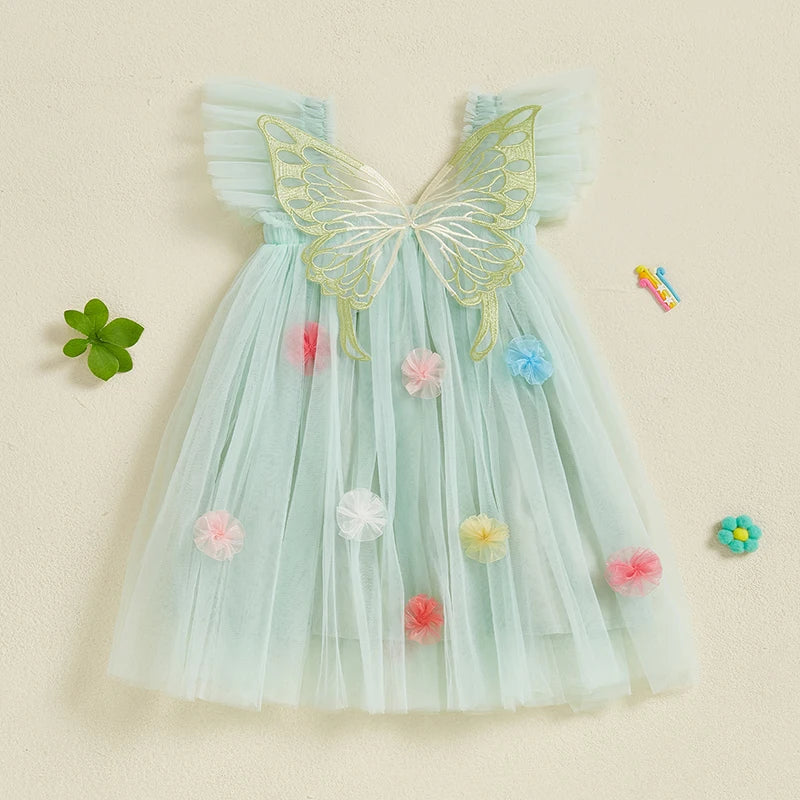 Vestido Infantil De Tule com Asas e Florzinhas