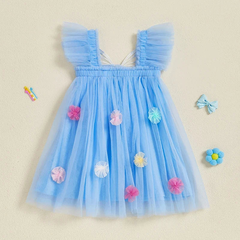 Vestido Infantil De Tule com Asas e Florzinhas