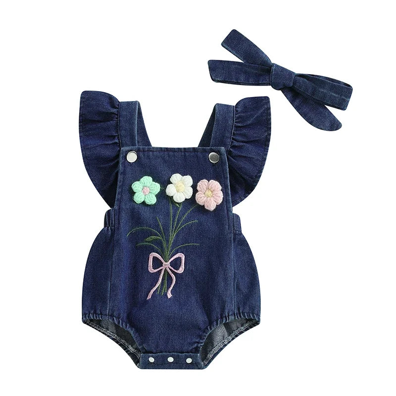 Body Jardineira Infantil Jeans Florzinhas