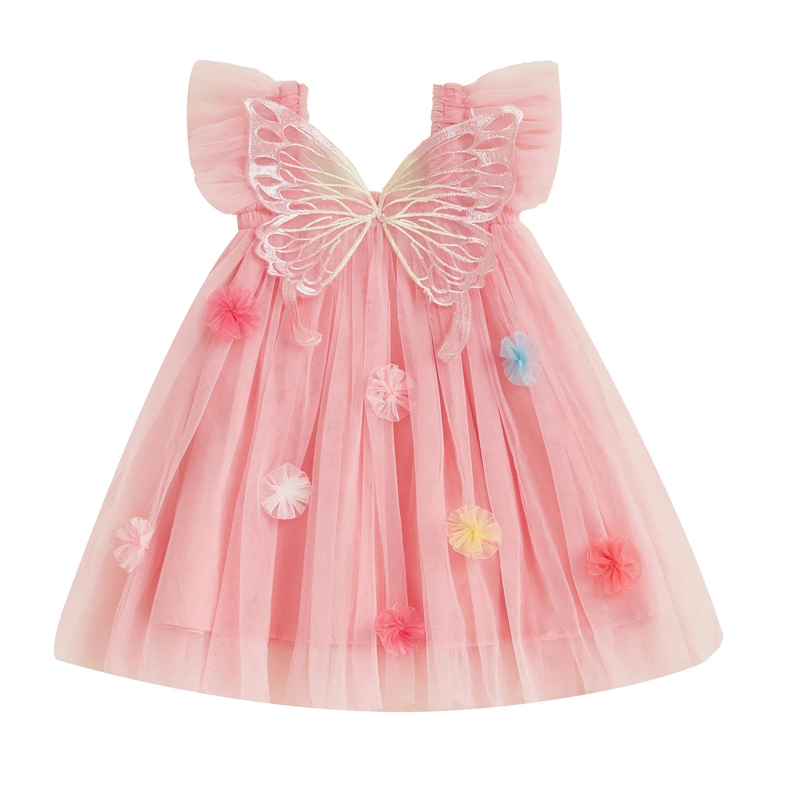Vestido Infantil De Tule com Asas e Florzinhas
