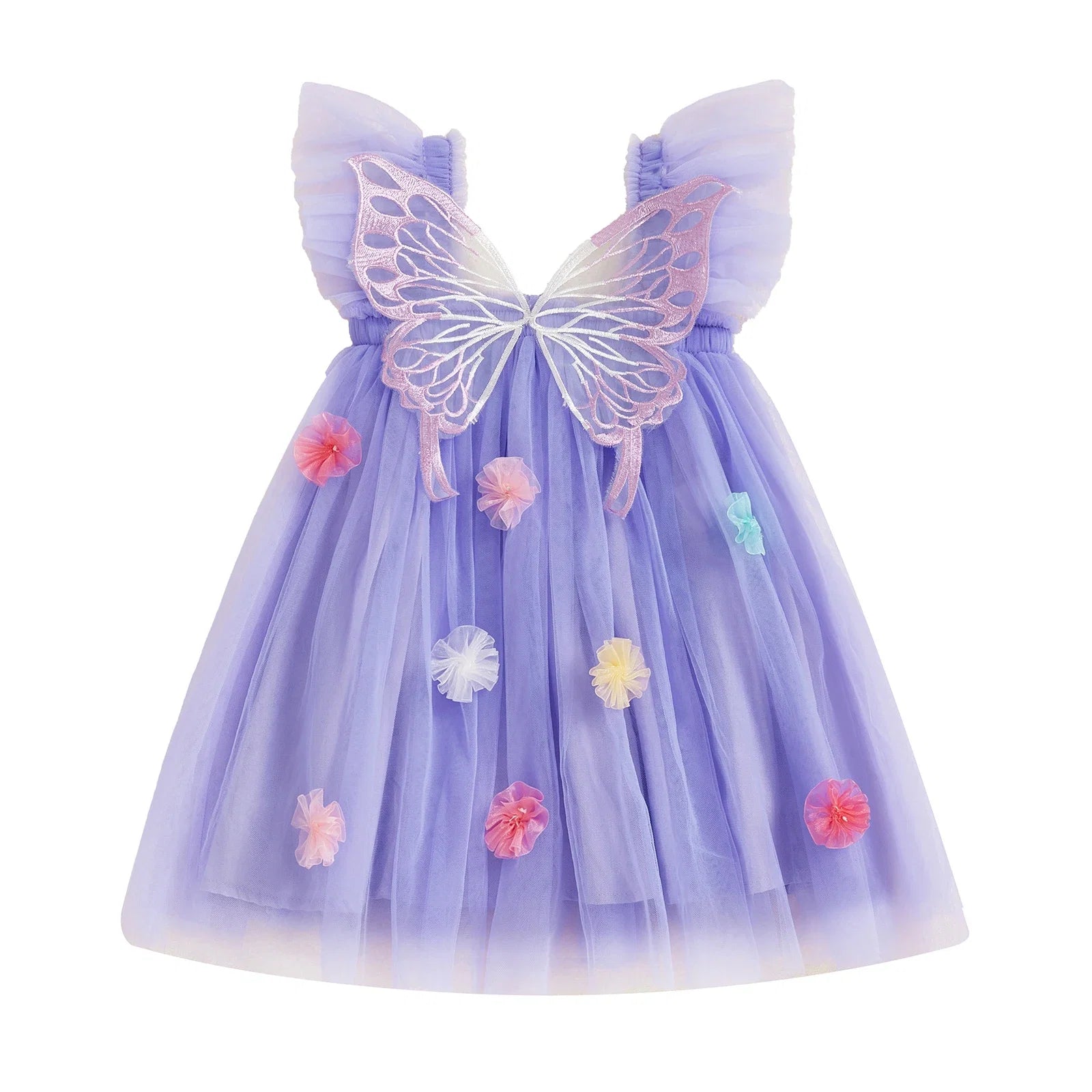 Vestido Infantil De Tule com Asas e Florzinhas