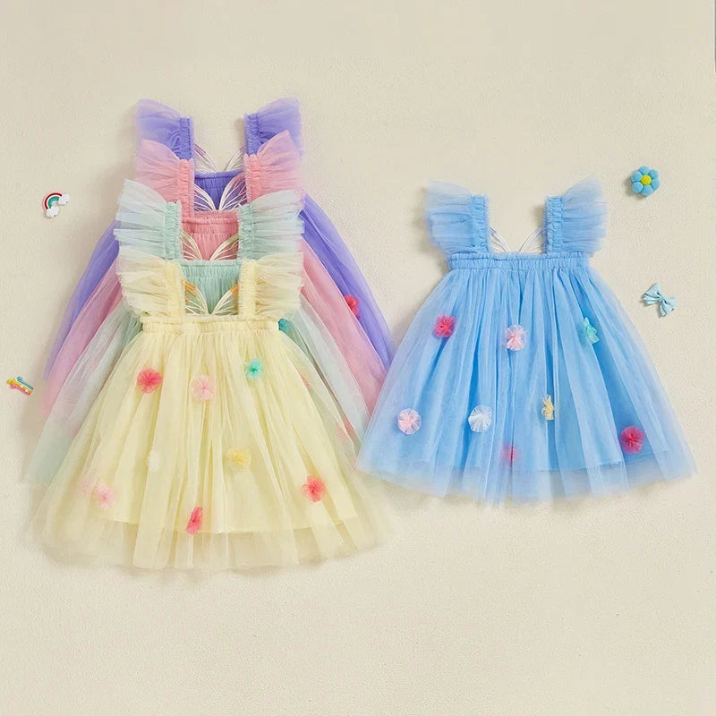 Vestido Infantil De Tule com Asas e Florzinhas