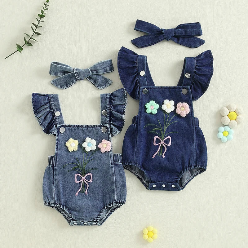 Body Jardineira Infantil Jeans Florzinhas