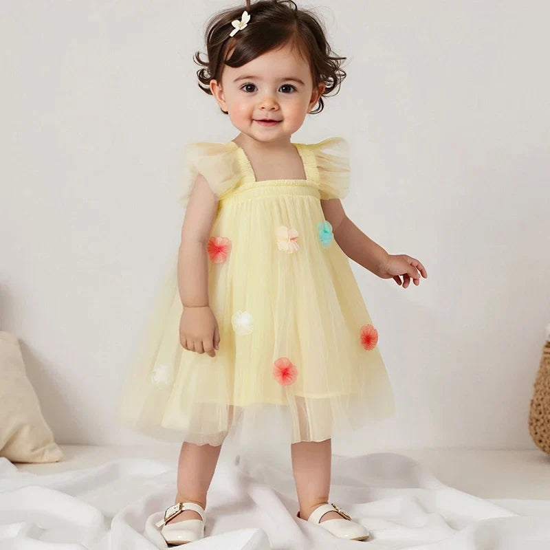 Vestido Infantil De Tule com Asas e Florzinhas