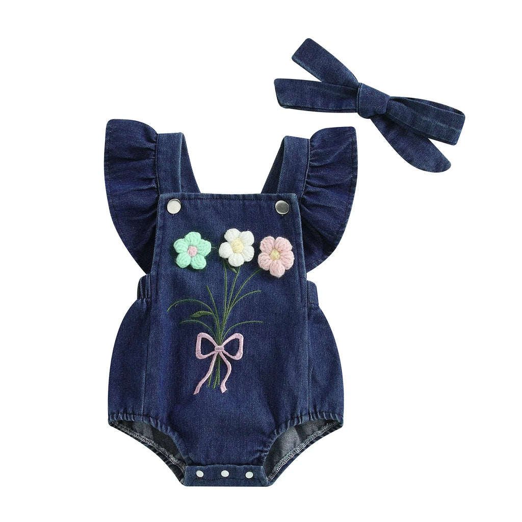 Body Jardineira Infantil Jeans Florzinhas