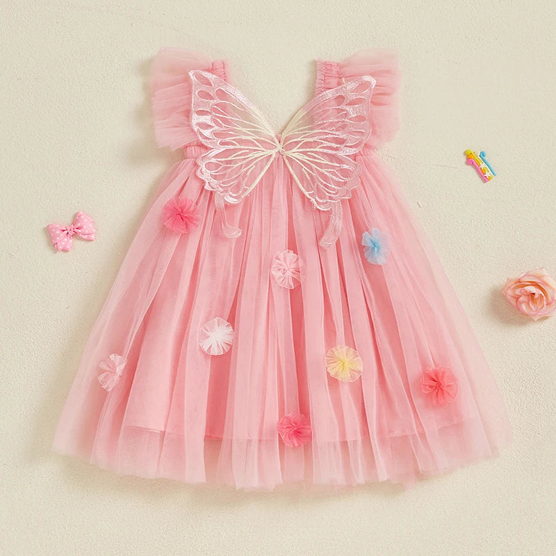 Vestido Infantil De Tule com Asas e Florzinhas