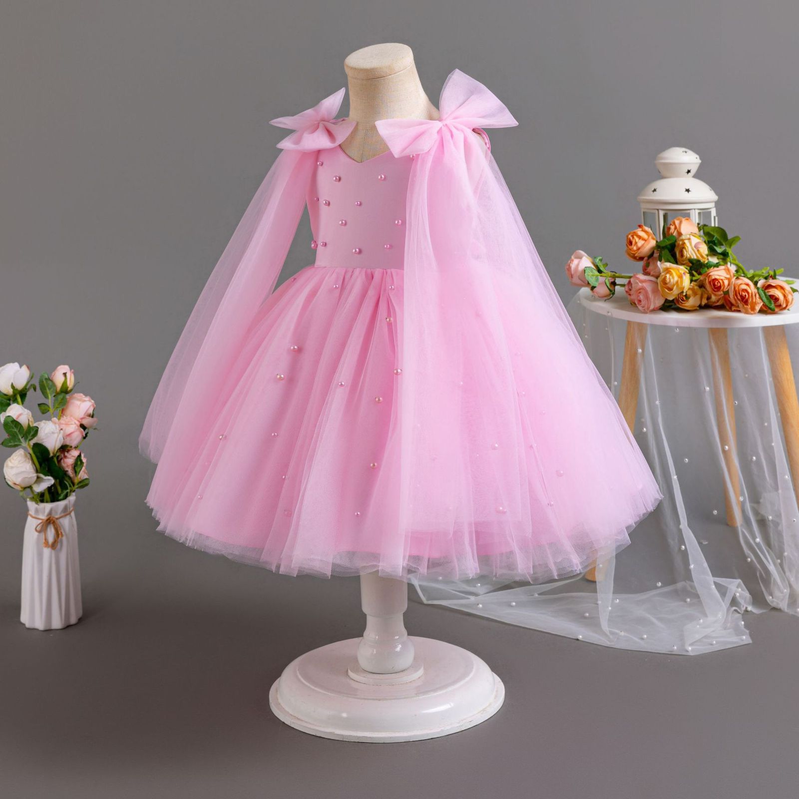 Vestido Infantil Tule Ombro Laço
