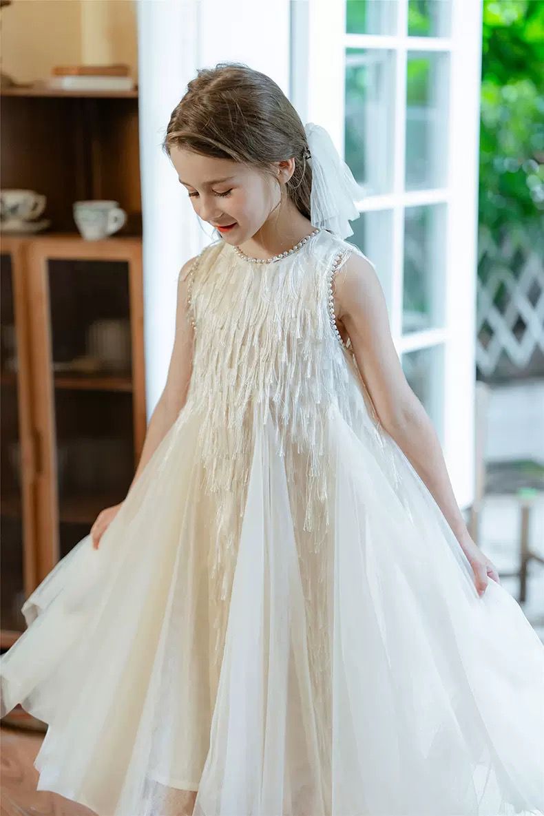 Vestido De Festa Infantil Franjas e Pérolas